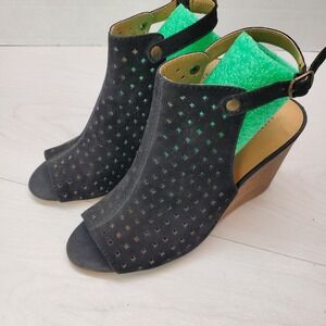 Lucky‎ Brand Black Leather Wedge Sandal W 9.5M Peep Toe Slingback Festival Boho